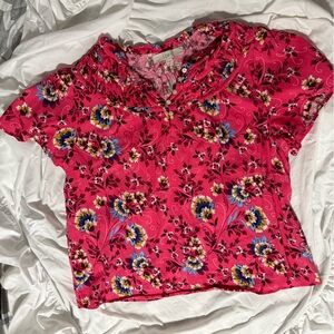 LOFT Pink Floral Top with Blue and Yellow Accents